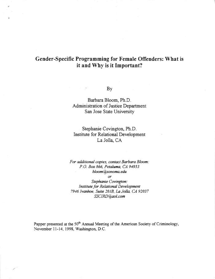 Gender-Specific Programming for Female Offenders
